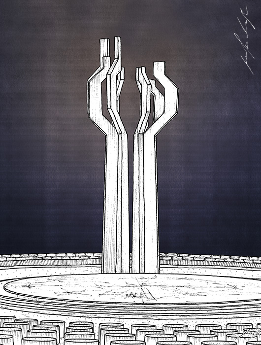 Hand-drawn illustration: Barutana monument drawing by Jovana Radujko, brutalist architecture