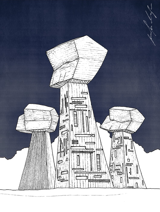 Hand-drawn illustration: Bubanj monument drawing by Jovana Radujko, brutalist architecture