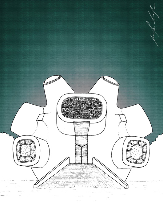 Hand-drawn illustration: Ilinden monument drawing by Jovana Radujko, brutalist architecture