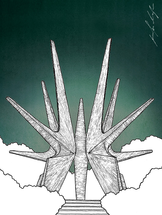 Hand-drawn illustration: Kosmaj monument drawing by Jovana Radujko, brutalist architecture