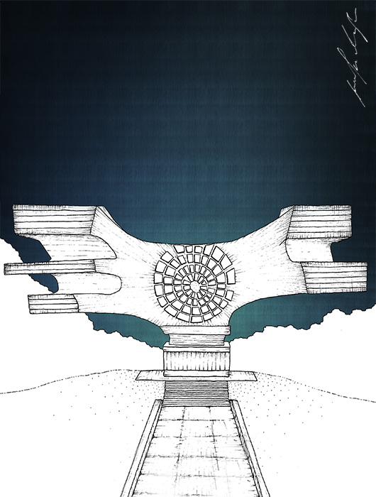 Hand-drawn illustration: Podgarić monument drawing by Jovana Radujko, brutalist architecture