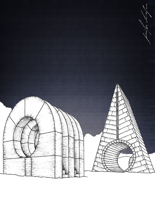 Hand-drawn illustration: Popina monument drawing by Jovana Radujko, brutalist architecture