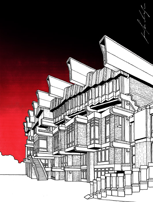 Pionir Hall building drawing by Jovana Radujko, brutalist architecture