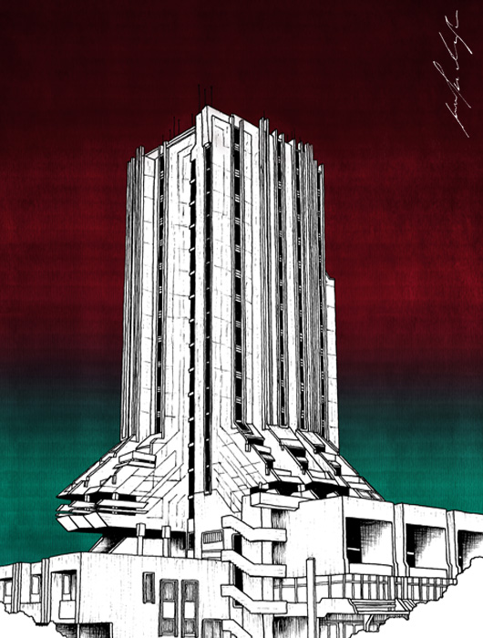 Hotel Zlatibor building drawing by Jovana Radujko, brutalist architecture