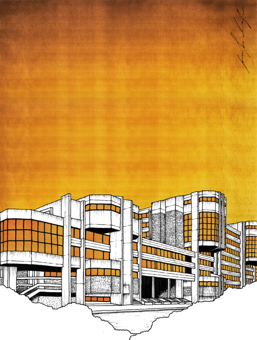 SIV III building drawing by Jovana Radujko, brutalist architecture
