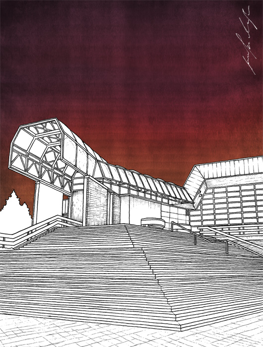 SPENS building drawing by Jovana Radujko, brutalist architecture