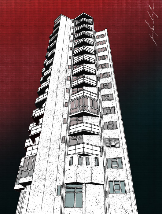 Dorćol building drawing by Jovana Radujko, brutalist architecture