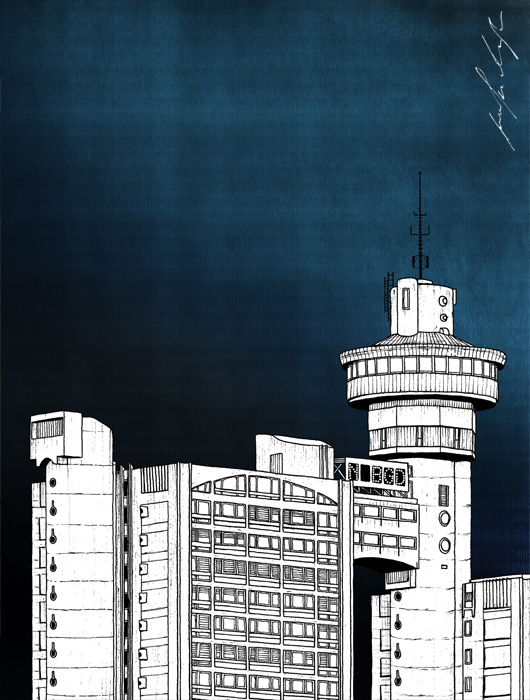 Western City Gate building drawing by Jovana Radujko, brutalist architecture